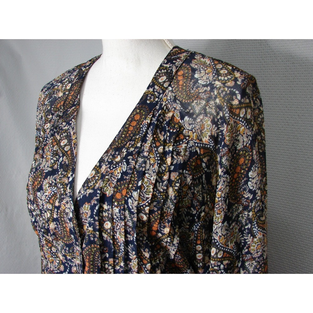 Natural Life Maxi Dress XL Boho Paisley Gold Shimmer Button Front Lined Navy - Picture 3 of 7
